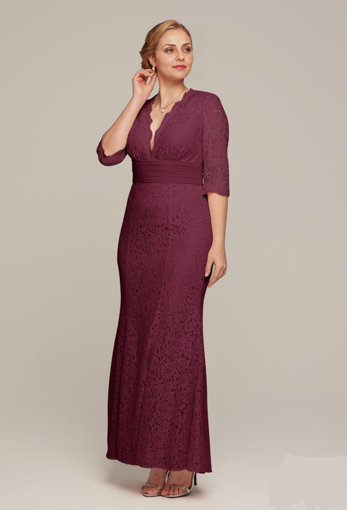Formal Women's Dresses Elegant V Neck 34 Sleeve Lace Applique Floor Length Free Custom Size Mother of the Bride Dress