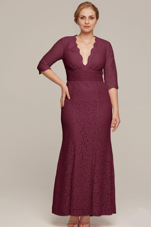 Formal Women's Dresses Elegant V Neck 34 Sleeve Lace Applique Floor Length Free Custom Size Mother of the Bride Dress