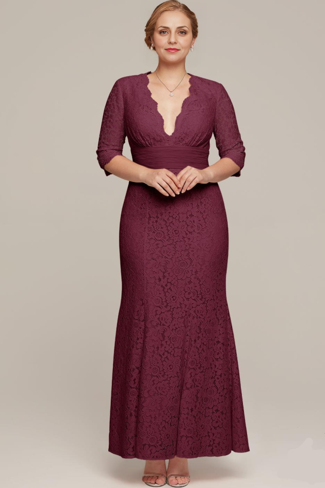 Formal Women's Dresses Elegant V Neck 34 Sleeve Lace Applique Floor Length Free Custom Size Mother of the Bride Dress