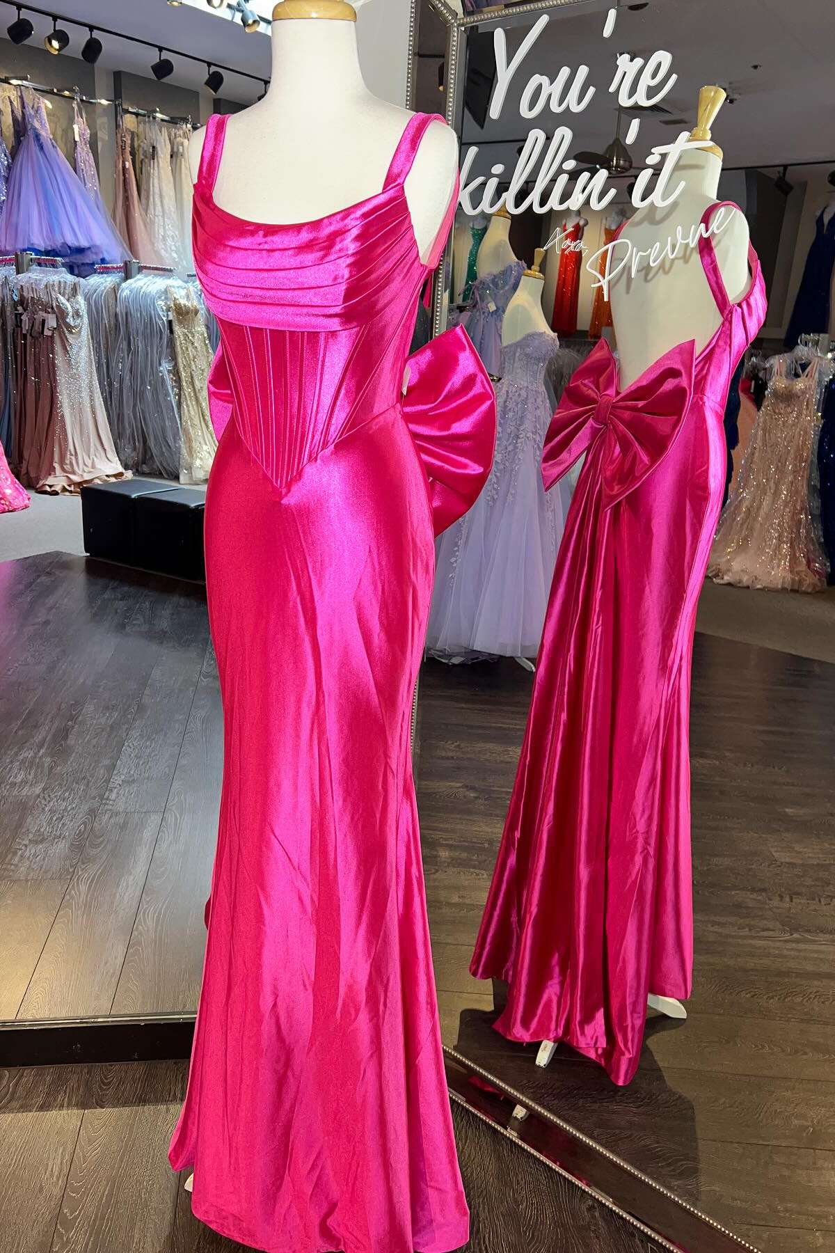 Formal Women's Dresses Fuchsia Fitted Open Back Long Formal Dress with A Bow Prom Dress Prom Dress In Store