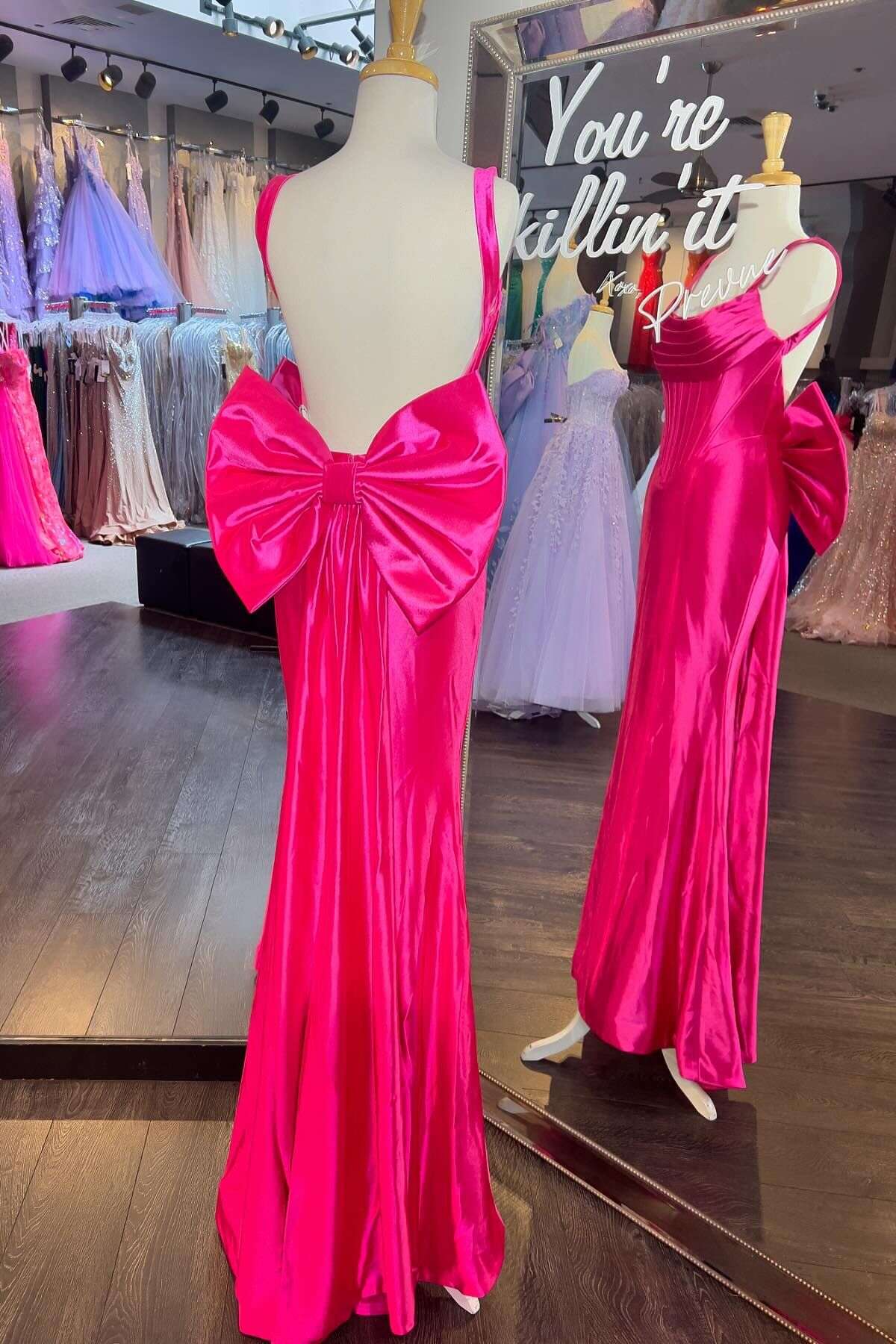 Formal Women's Dresses Fuchsia Fitted Open Back Long Formal Dress with A Bow Prom Dress Prom Dress In Store