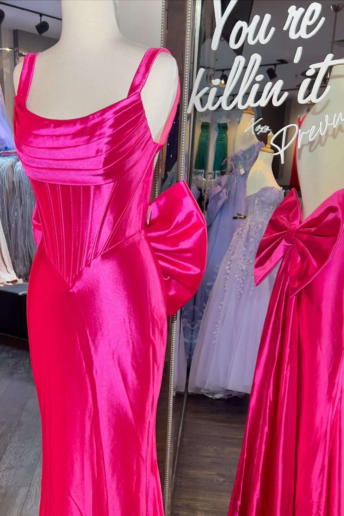 Formal Women's Dresses Fuchsia Fitted Open Back Long Formal Dress with A Bow Prom Dress Prom Dress In Store