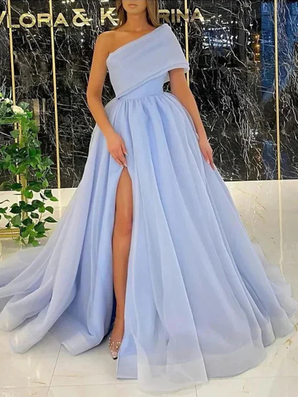 Formal Women's Dresses Gorgeous Pink Ball Gown Ruffles One-Shoulder Sleeveless Sweep/Brush Train Dresses / Prom Dress Shop
