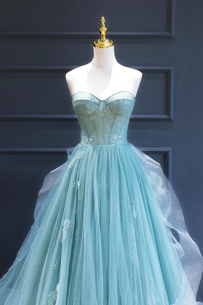 Formal Women's Dresses Green Lace Tulle A-line Long Formal Dress Strapless Evening Dress / Prom Dress Shop