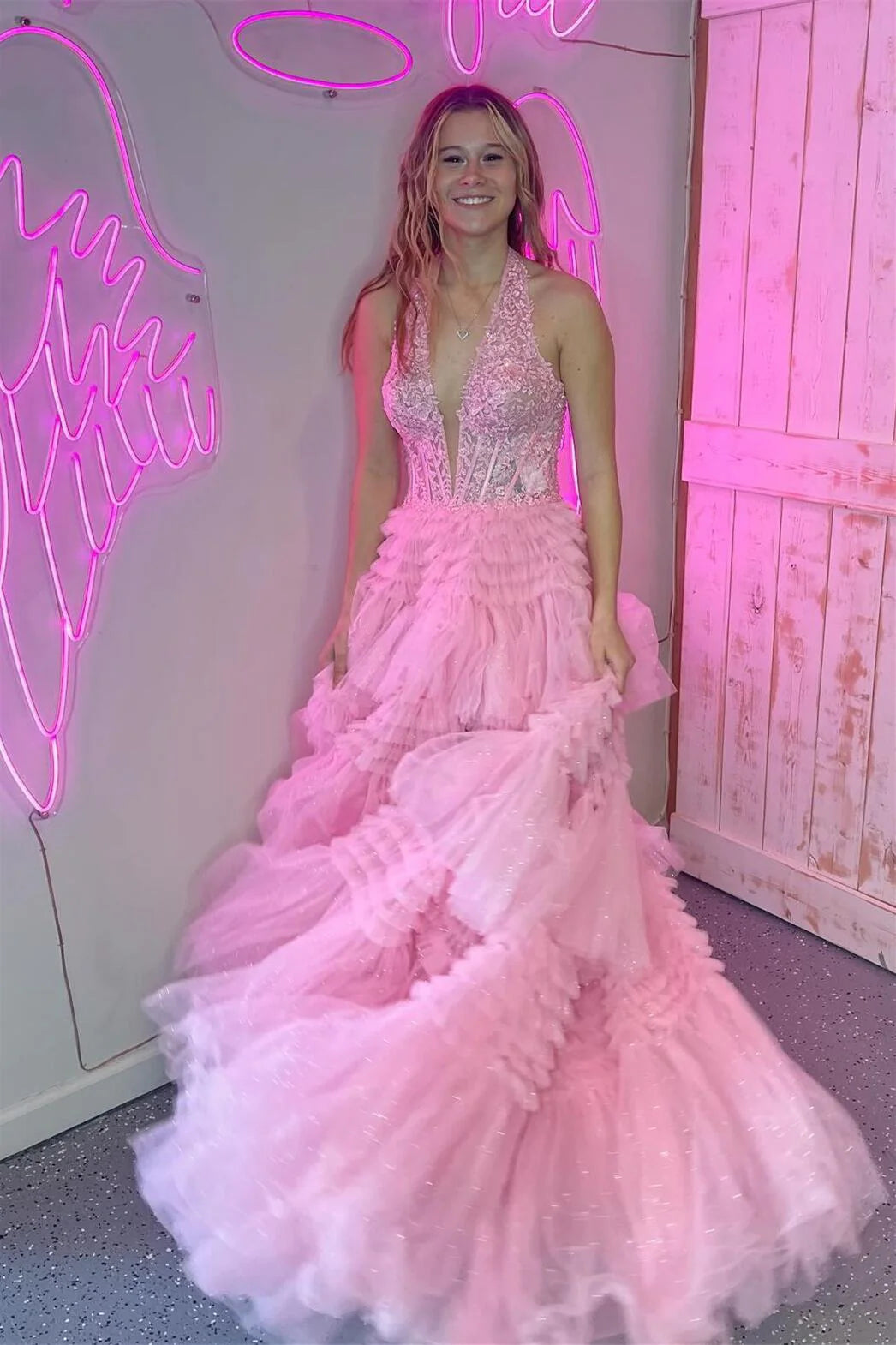 Formal Women's Dresses Halter Pink Appliques and Tulle Tiered Formal Dress Prom Dress Prom Dress In Store
