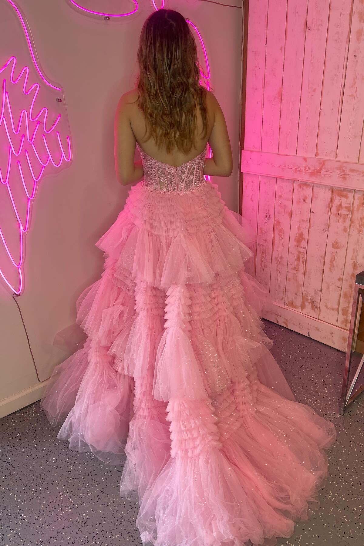 Formal Women's Dresses Halter Pink Appliques and Tulle Tiered Formal Dress Prom Dress Prom Dress In Store