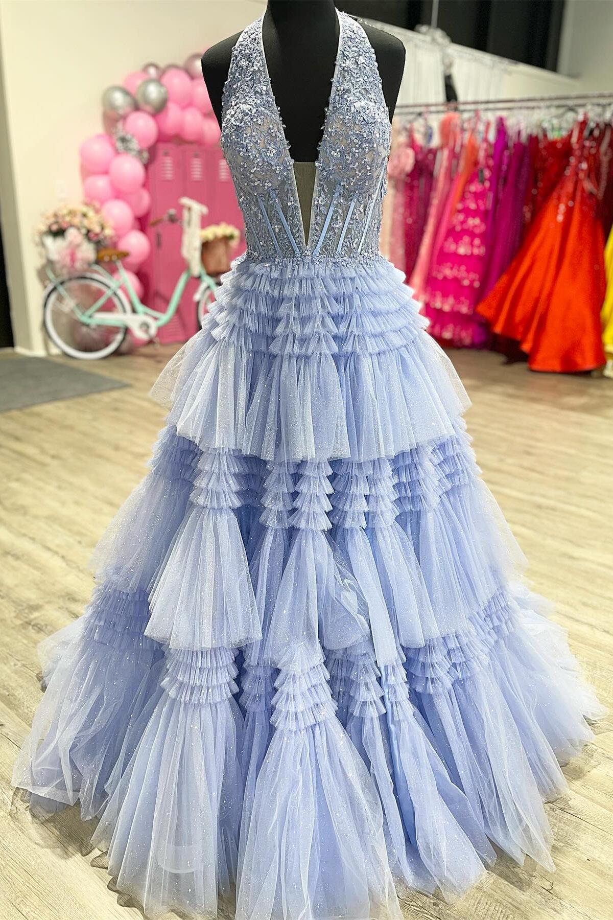 Formal Women's Dresses Halter Pink Appliques and Tulle Tiered Formal Dress Prom Dress Prom Dress In Store