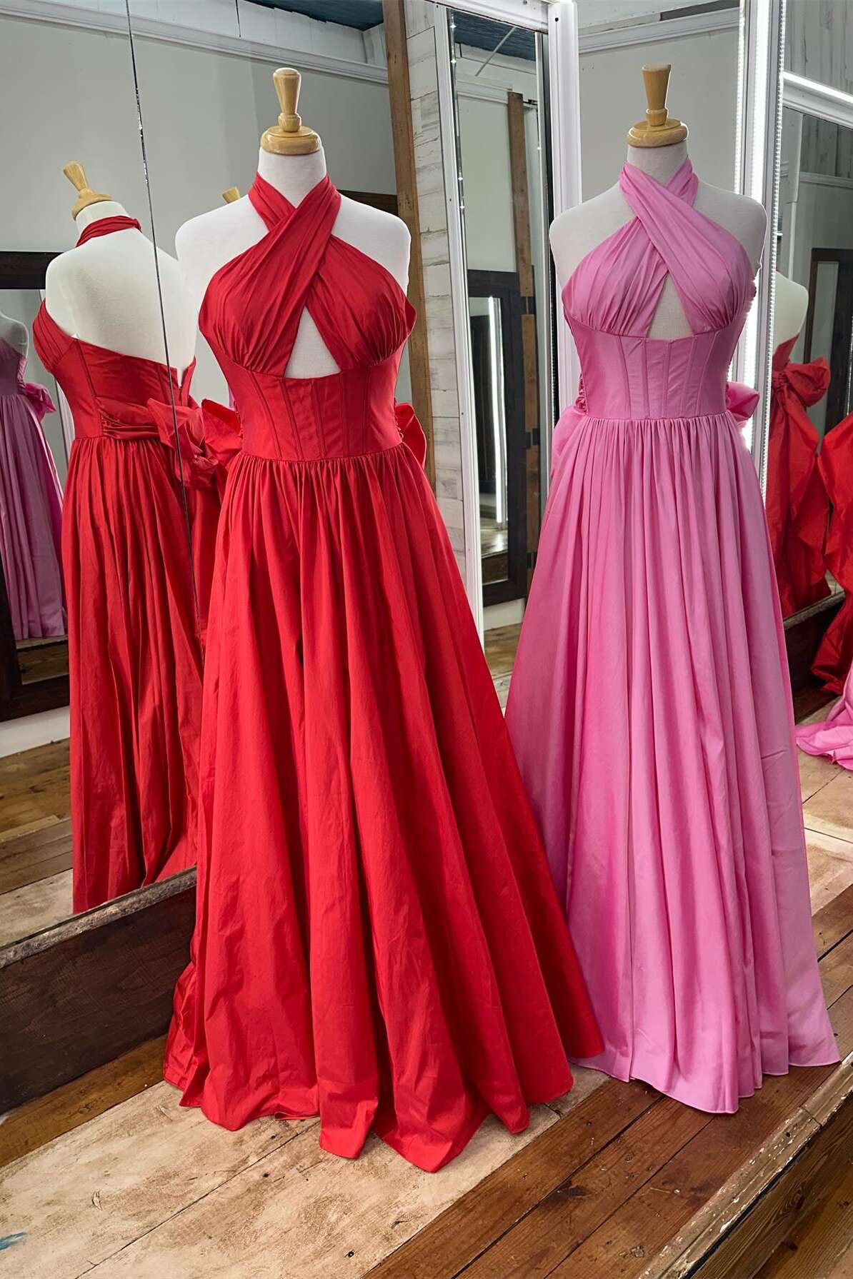 Robe de soirée longue rose dos nu sans manches pour femme, coupe trapèze, col licou, robe de bal, en magasin 