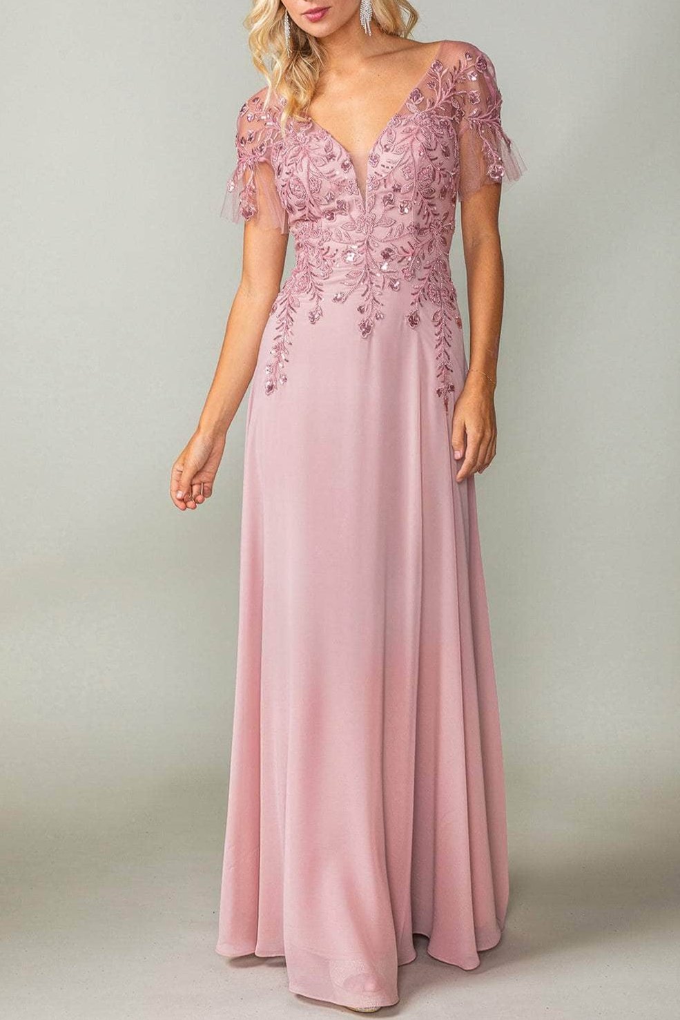 Formal Women's Dresses Handmade Sheer Sleeve V Neck A-line Mother of the Bride Dress Embroidered Prom Dress Evening Dress Prom Dresses Stores