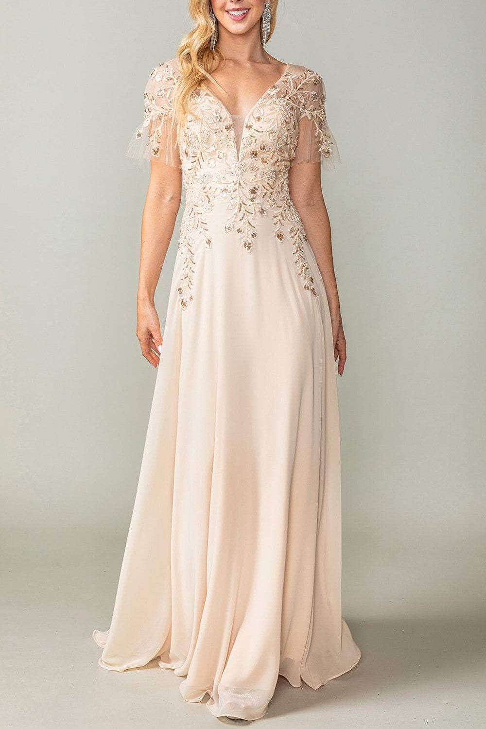 Formal Women's Dresses Handmade Sheer Sleeve V Neck A-line Mother of the Bride Dress Embroidered Prom Dress Evening Dress Prom Dresses Stores