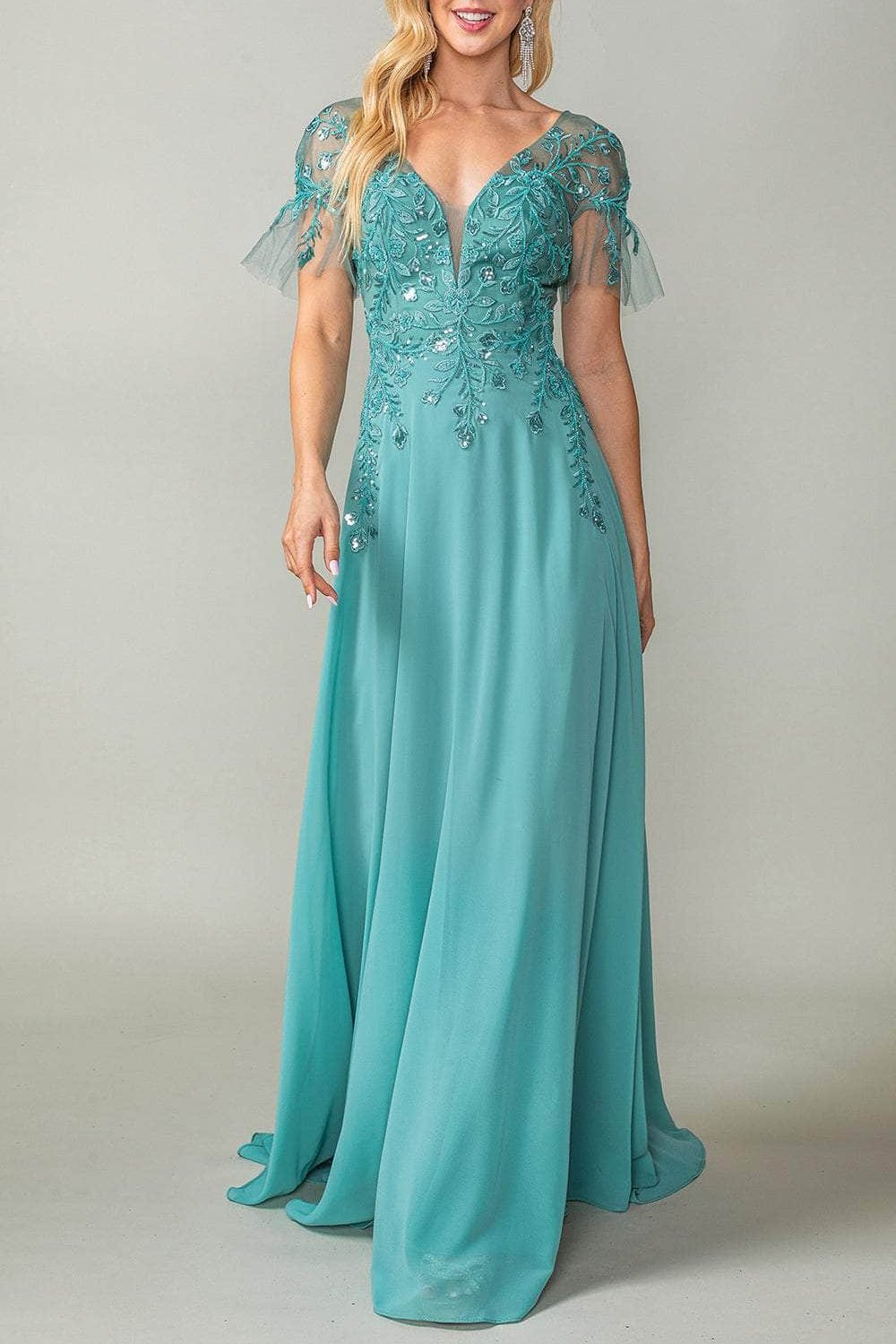 Formal Women's Dresses Handmade Sheer Sleeve V Neck A-line Mother of the Bride Dress Embroidered Prom Dress Evening Dress Prom Dresses Stores