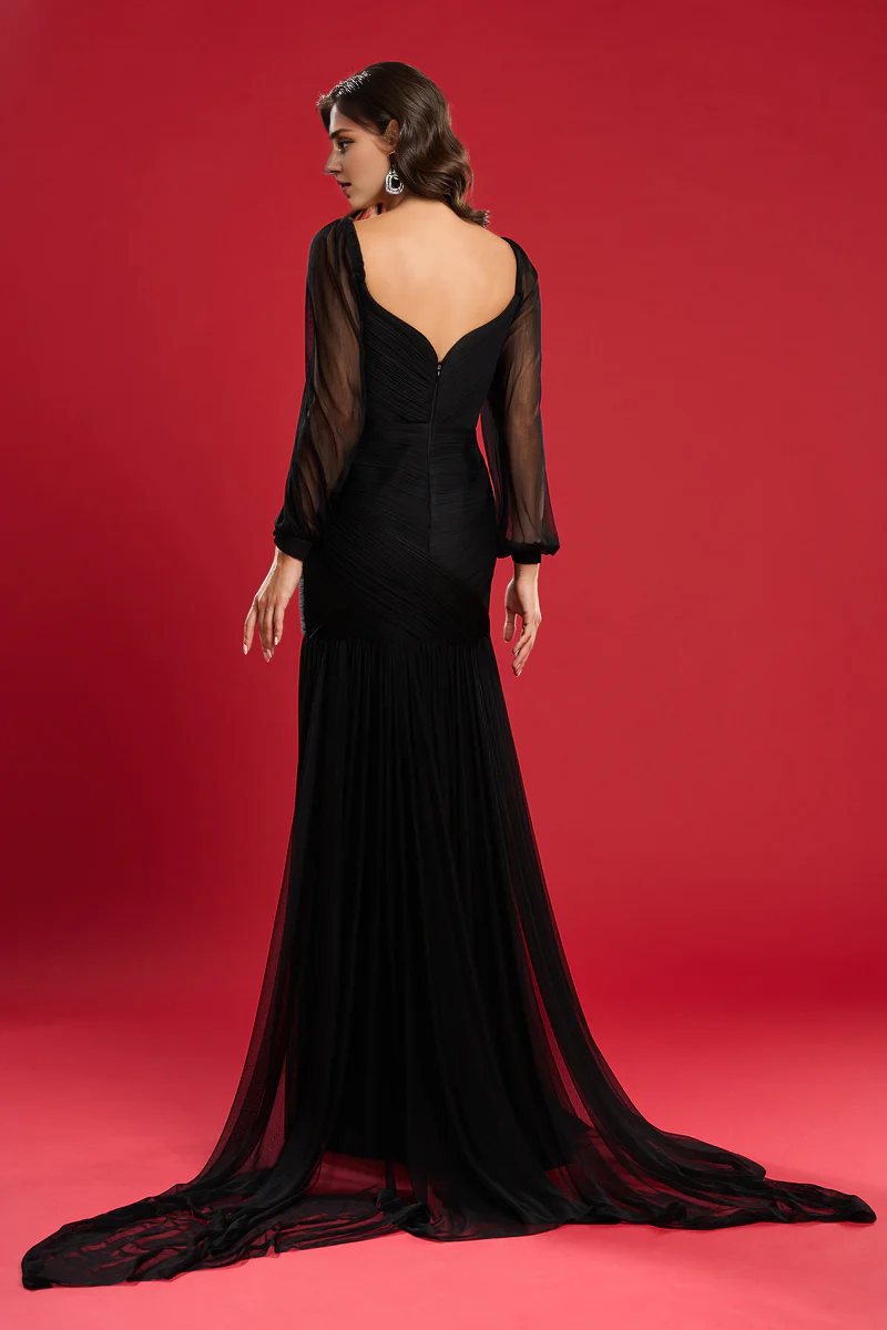 Formal Women's Dresses Handmade Tulle Evening Dress Long Dress With Sleeves Prom Black Formal Dresses Backless Prom Dresses Stores