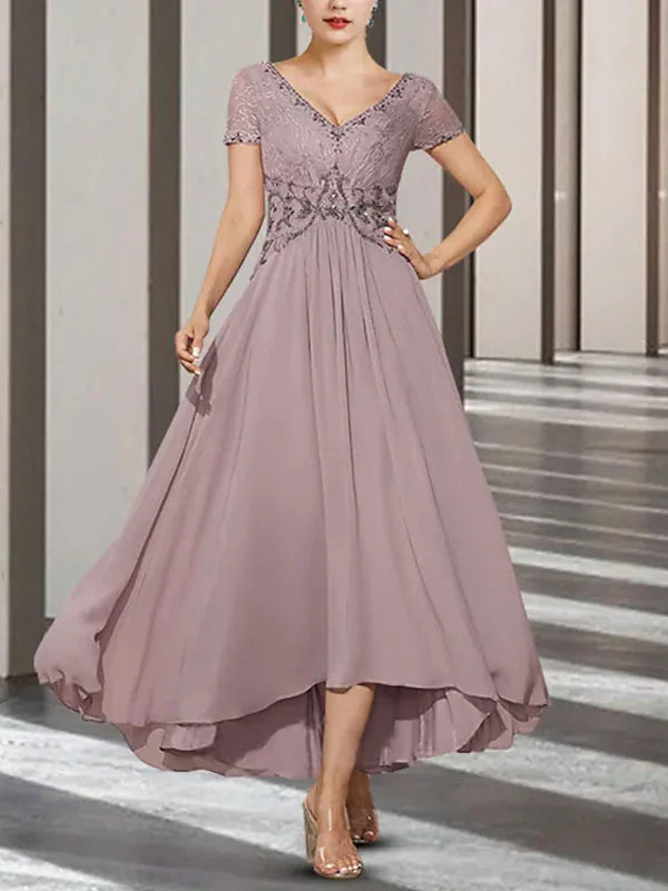 Formal Women's Dresses Lace Short Sleeve V Neck Style Wedding Mother-of-the-Bride Dress Free Custom Size Mother of the Bride Dress
