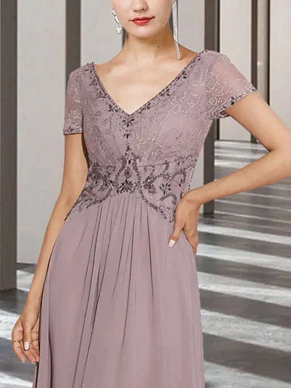 Formal Women's Dresses Lace Short Sleeve V Neck Style Wedding Mother-of-the-Bride Dress Free Custom Size Mother of the Bride Dress