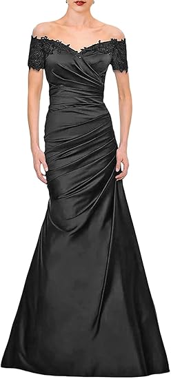 Weitese Dress Formal Women's Dresses Mermaid Mother of The Bride Dress Wedding Guest Elegant Vintage Off Shoulder V Neck Satin with Lace Ruched Party dress Prom Dress Stores
