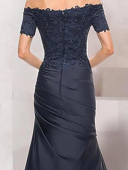 Weitese Dress Formal Women's Dresses Mermaid Mother of The Bride Dress Wedding Guest Elegant Vintage Off Shoulder V Neck Satin with Lace Ruched Party dress Prom Dress Stores
