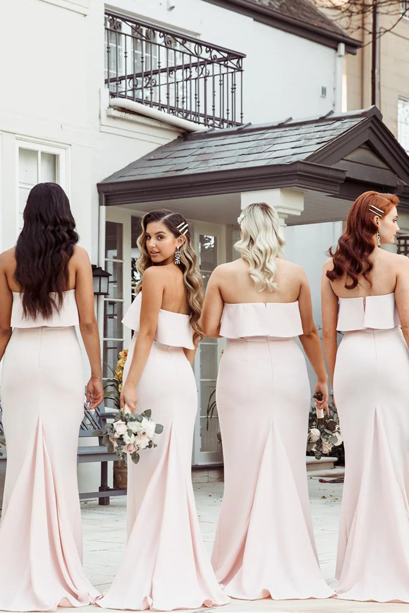 Formal Women's Dresses/Mermaid Floor-Length Strapless Pink Bridesmaid Dresses with Train
