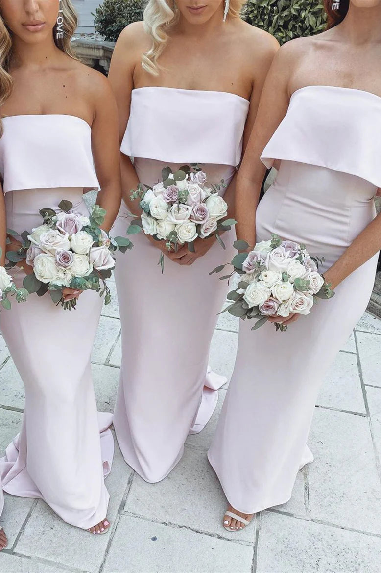 Formal Women's Dresses/Mermaid Floor-Length Strapless Pink Bridesmaid Dresses with Train