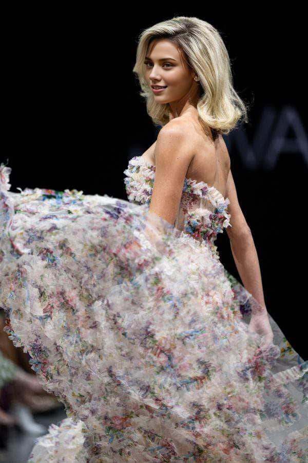 Robe de soirée trapèze à volants et imprimé floral, épaules dénudées, robe de bal, robe de soirée 