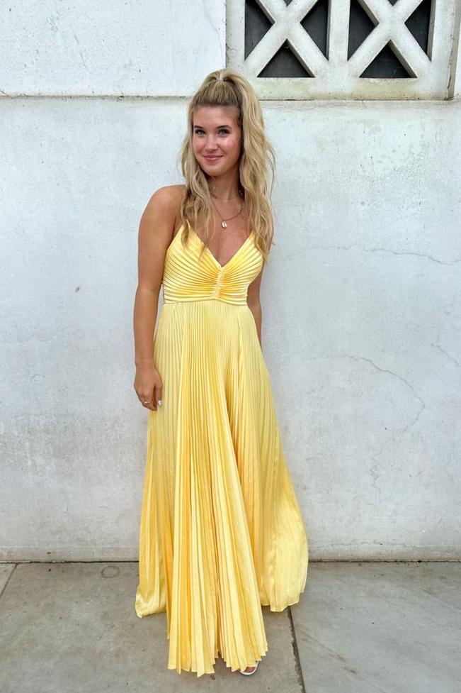 Formal Women's Dresses Off Shoulder V Neck Yellow Pleated Spaghetti Straps A-line Long Party Dress Prom Dress Prom Dress In Store