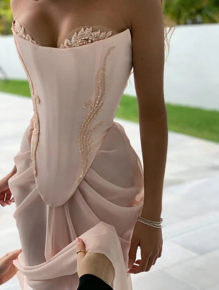 Formal Women's Dresses Pink Vintage Elegant Beaded A-line Lace Ball Gown Evening Dress