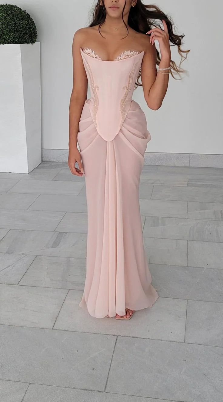 Formal Women's Dresses Pink Vintage Elegant Beaded A-line Lace Ball Gown Evening Dress