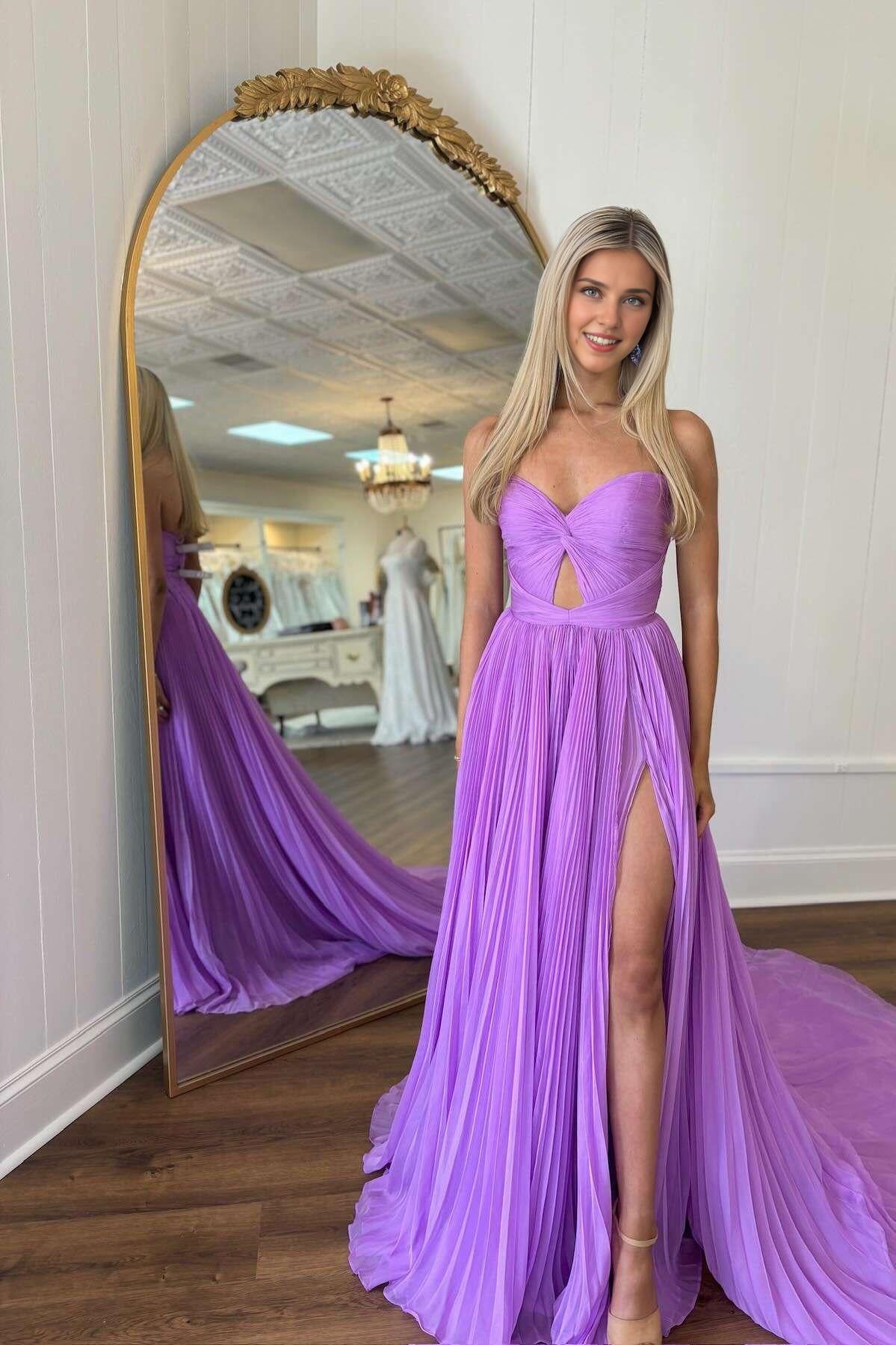 Formal Women's Dresses Pleated Lilac Keyhole A-line Long Formal Dress With Hight Sli Prom Dress Prom Dress In Store