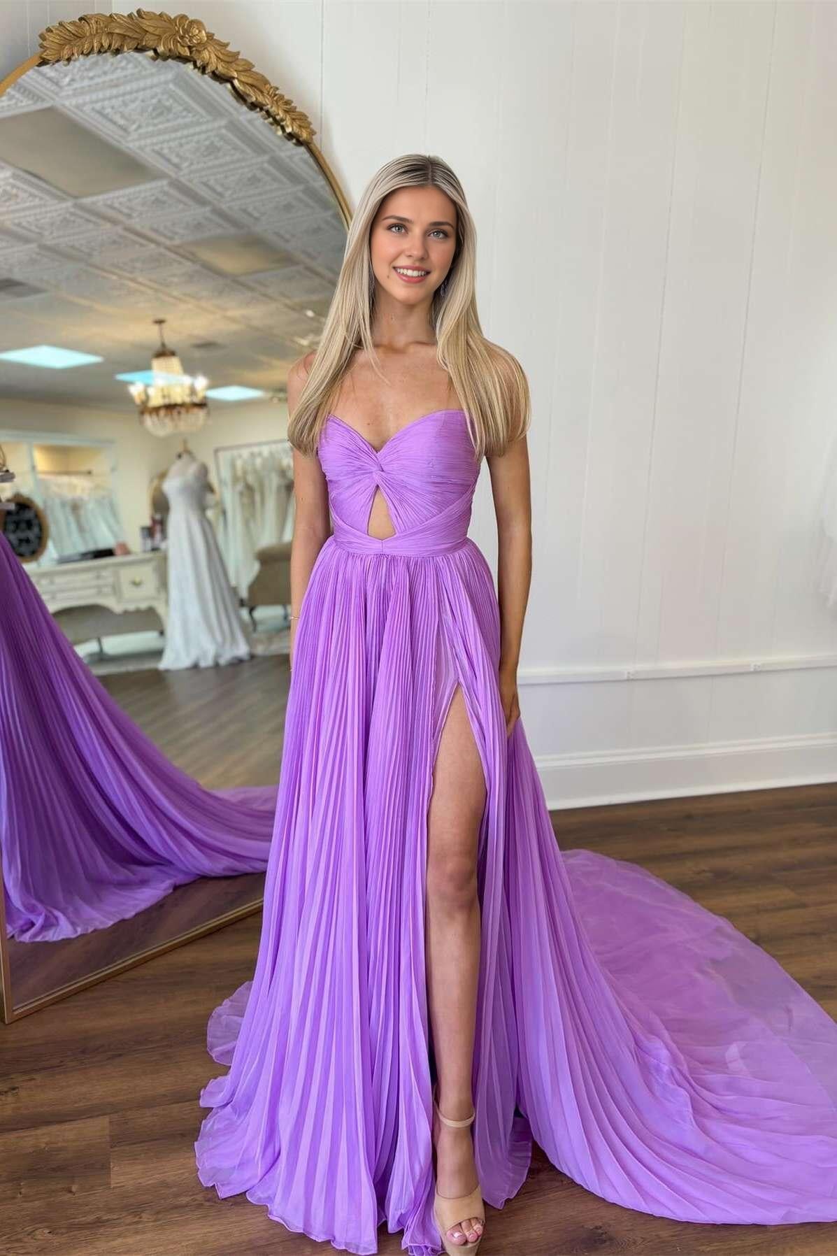 Formal Women's Dresses Pleated Lilac Keyhole A-line Long Formal Dress With Hight Sli Prom Dress Prom Dress In Store