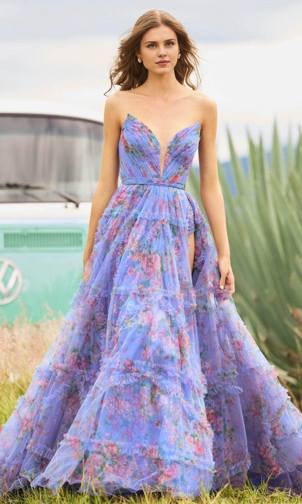 Formal Women's Dresses/ Print Floral Strapless Corset Mid-Open Back Prom Dress With High Slit Evening Dress