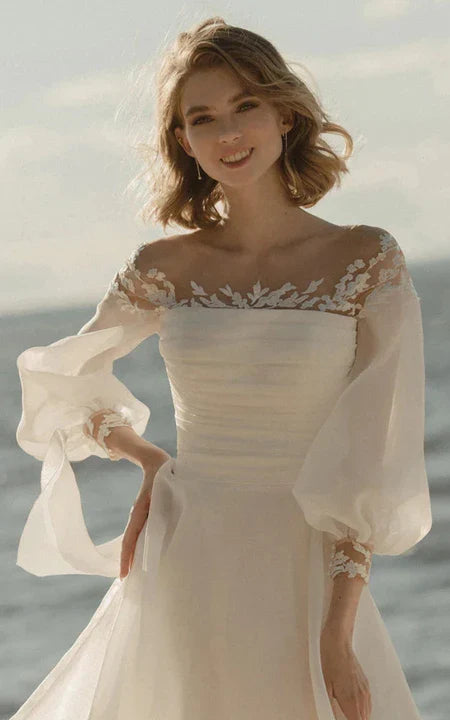 Formal Women's Dresses Puff 3-4-sleeve Scoop-neck Empire Ruched Chiffon Beach Wedding Dress with Bow