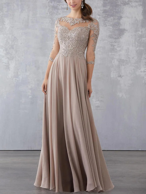 Formal Women's Dresses Round Neck Lace Long Sleeve Maxi Dress Free Custom Size Mother of the Bride Dress