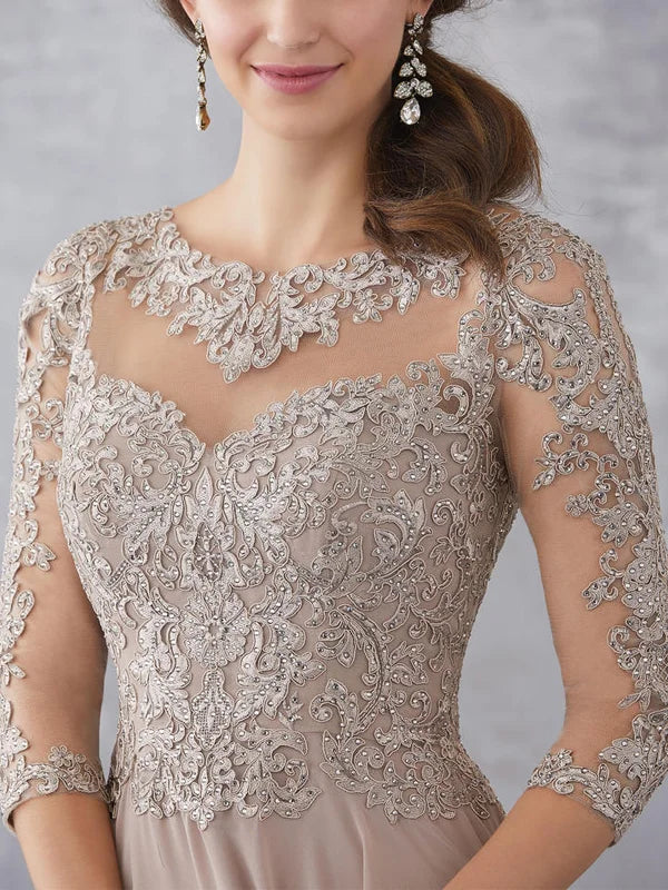 Formal Women's Dresses Round Neck Lace Long Sleeve Maxi Dress Free Custom Size Mother of the Bride Dress