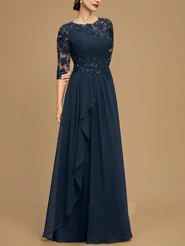 Formal Women's Dresses Round Neck Lace Solid Color Mesh Maxi Dress Free Custom Size Mother of the Bride Dress