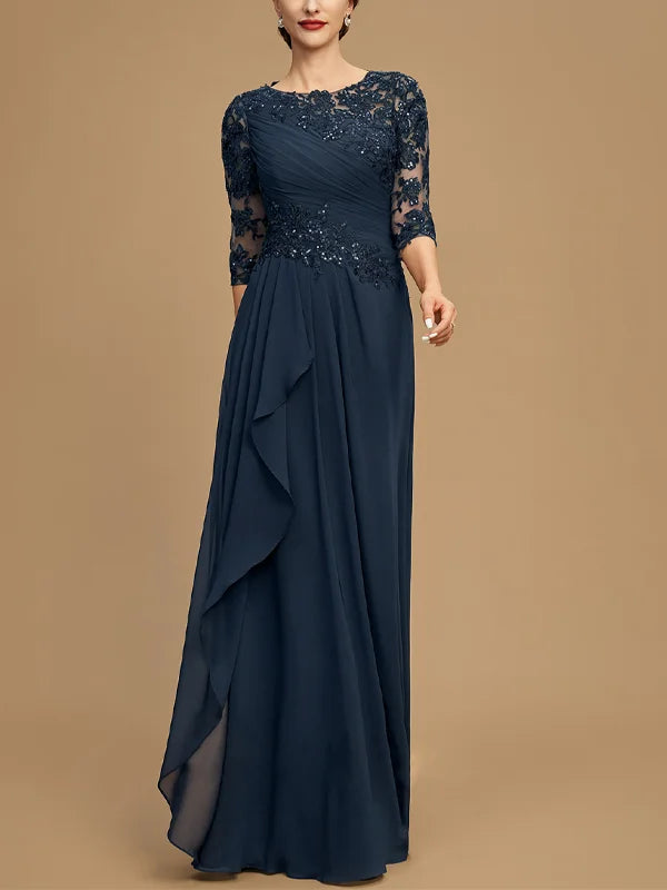 Formal Women's Dresses Round Neck Lace Solid Color Mesh Maxi Dress Free Custom Size Mother of the Bride Dress