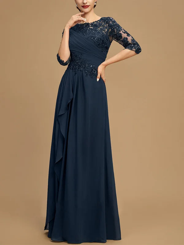 Formal Women's Dresses Round Neck Lace Solid Color Mesh Maxi Dress Free Custom Size Mother of the Bride Dress