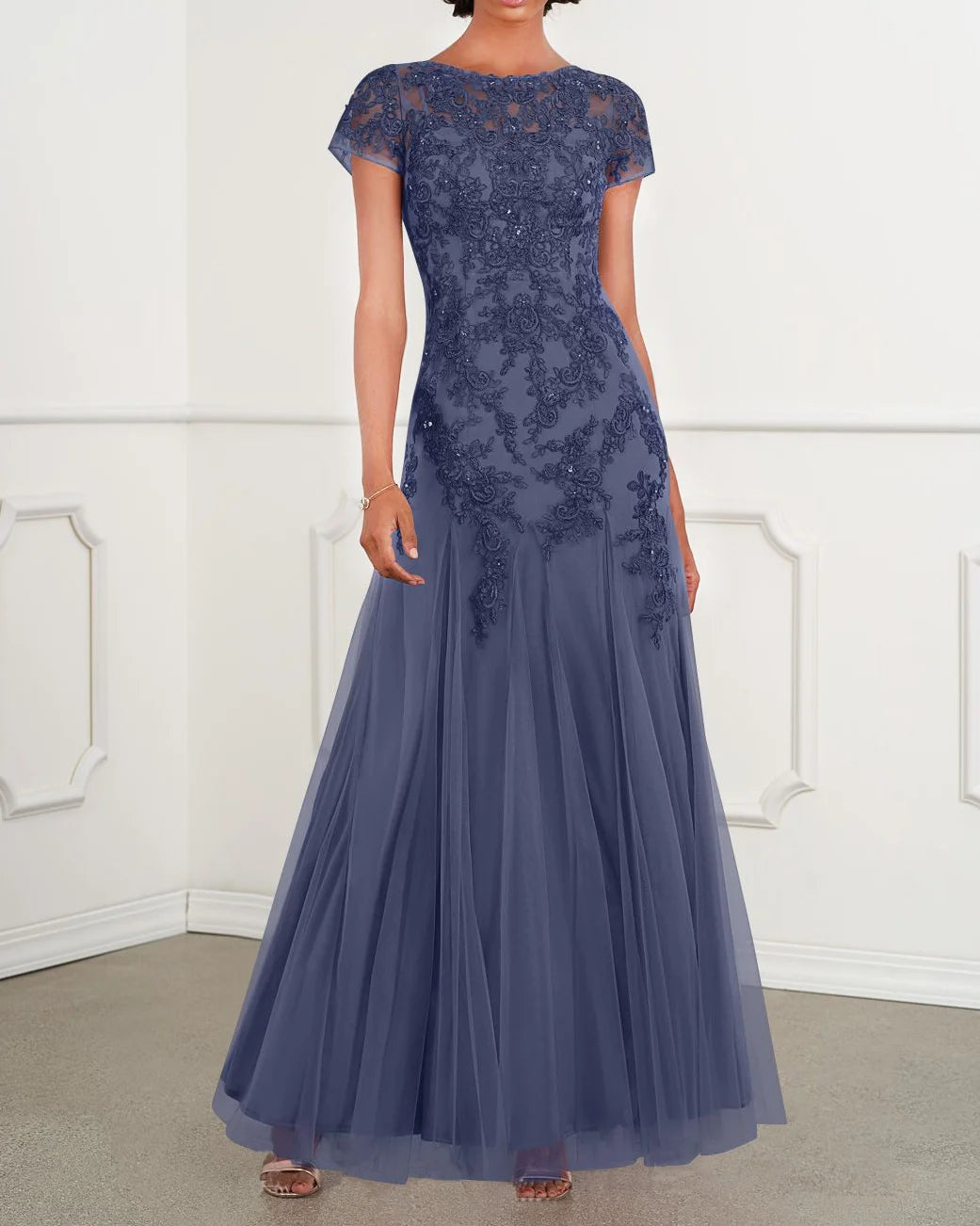 Formal Women's Dresses Scoop Neck Lace Tulle Dress Lace Applique Free Custom Size Mother of the Bride Dress