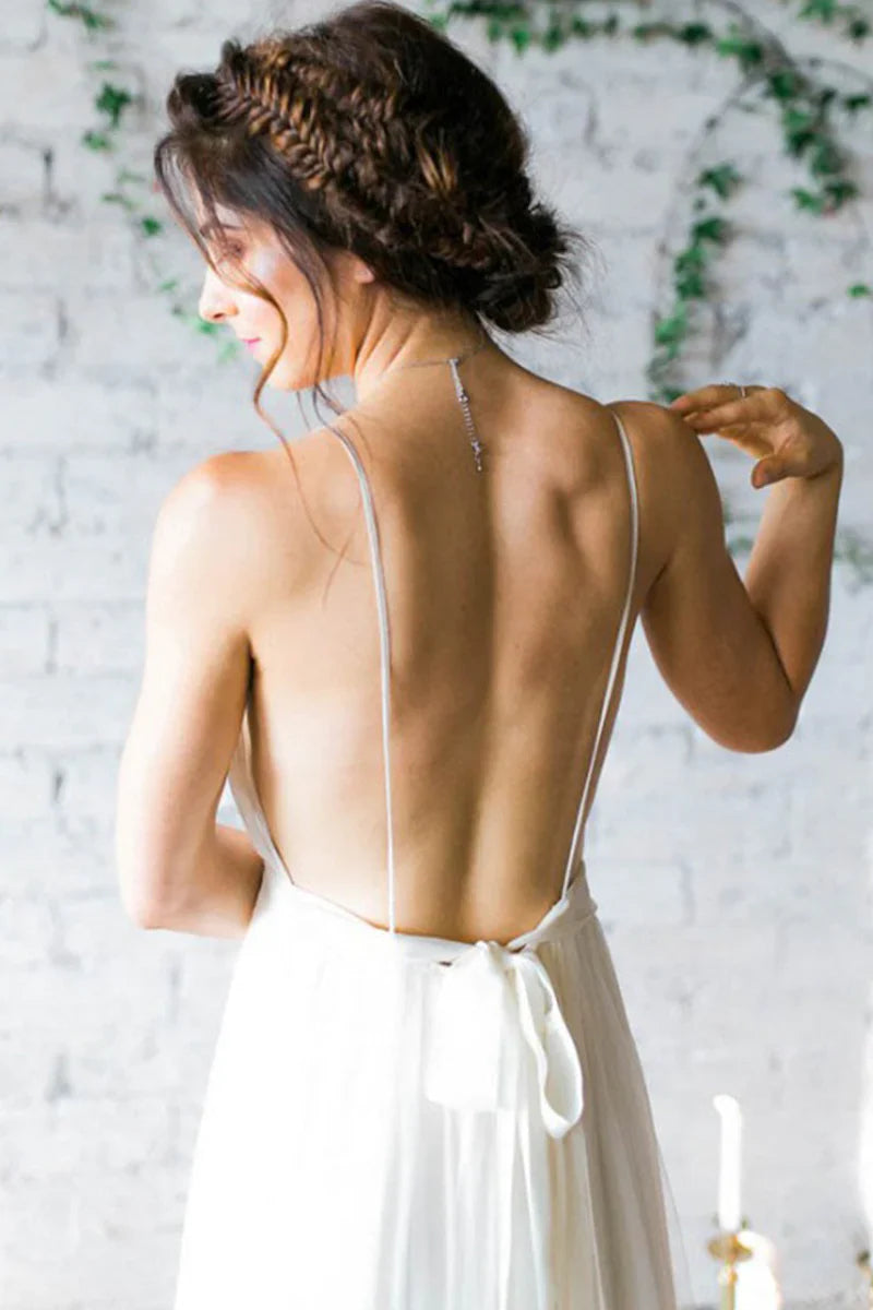 Formal Women's Dresses Sexy A-Line Deep V-Neck Backless Chiffon Boho Wedding Dresses with Pleats / Prom Dress Shop