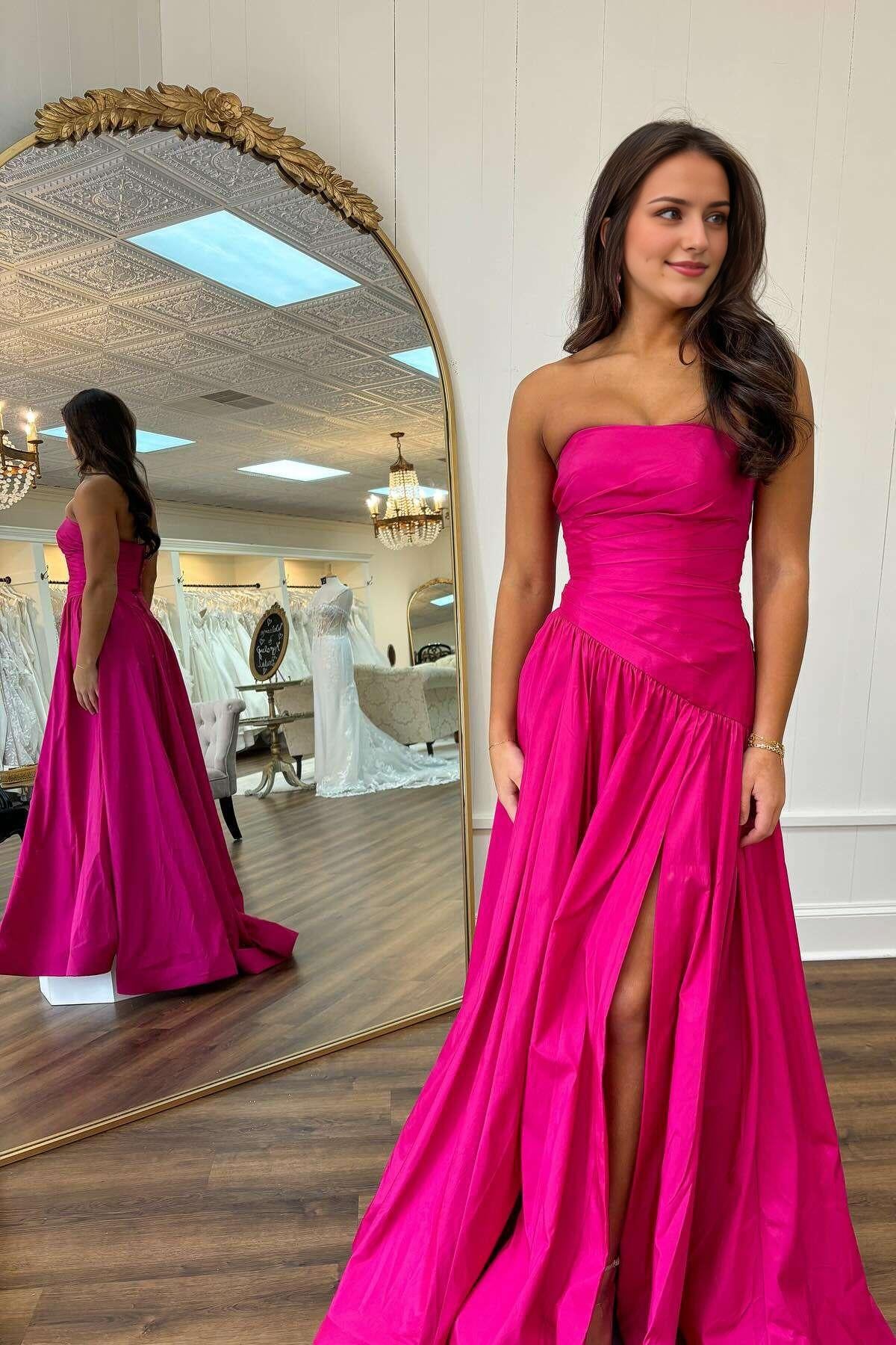 Formal Women's Dresses Sleeveless Fuchsia Strapless A-line Long Formal Dress Prom Dress Prom Dress In Store