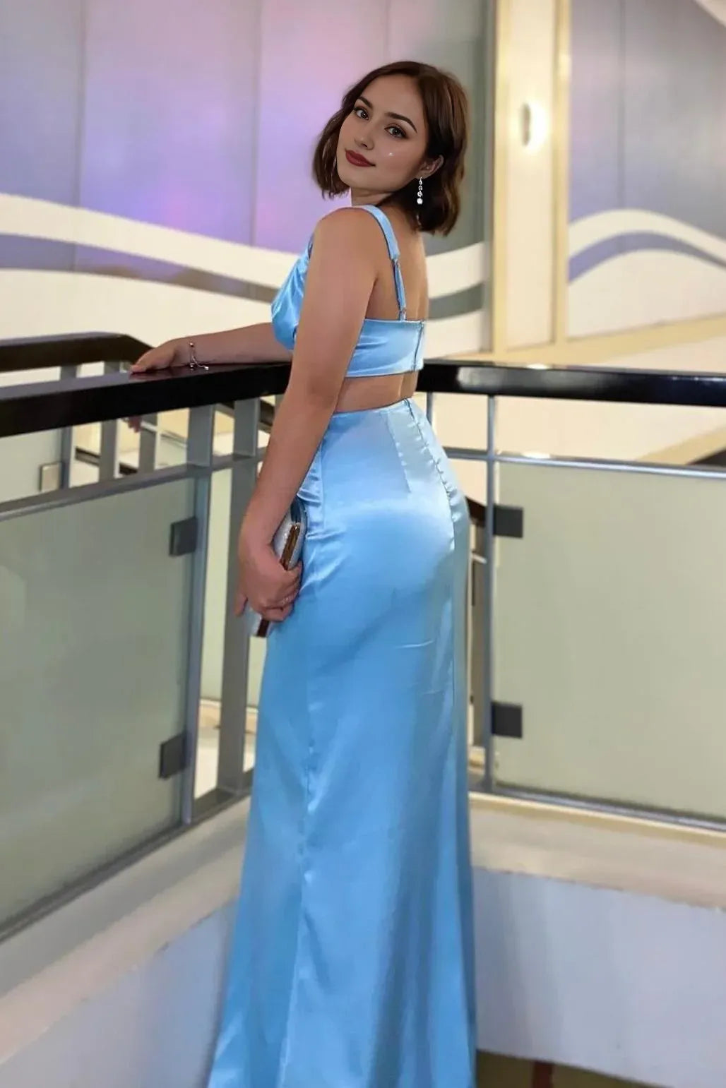 Formal Women's Dresses Sleeveless Pleated V Neck Blue Cutout Waist Long Prom Dress Prom Dress In Store