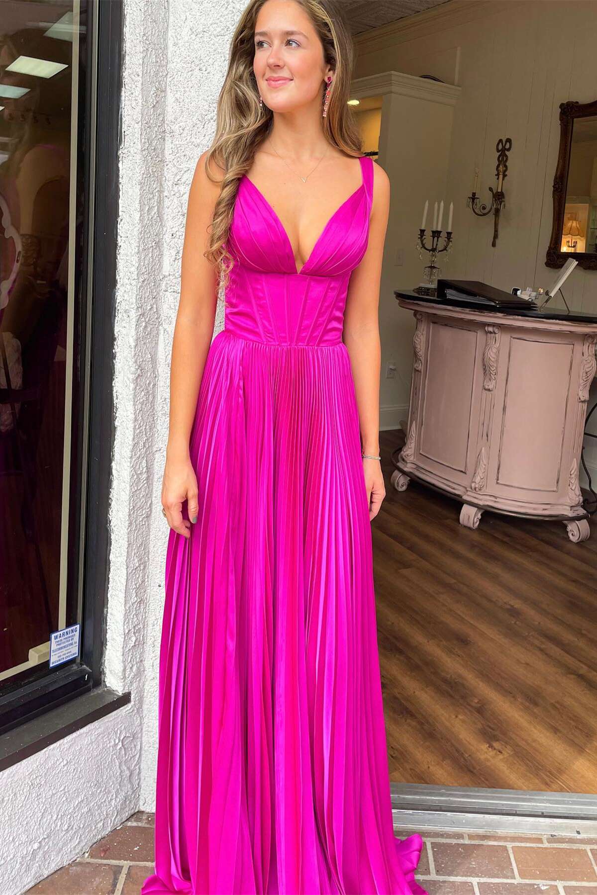 Formal Women's Dresses Sleeveless V Neck Fuchsia Pleated A-line Long Formal Dress Prom Dress Prom Dress In Store