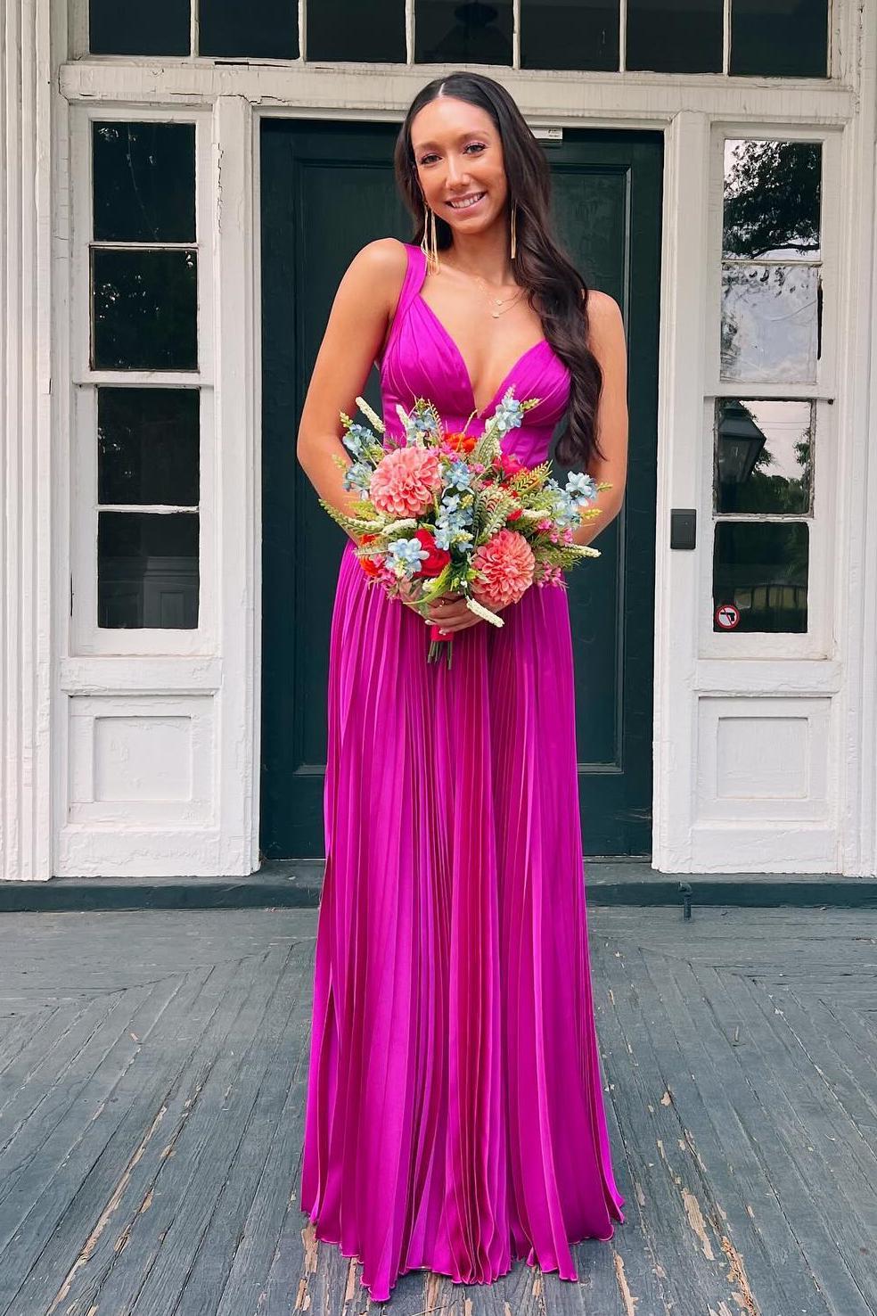 Robe de soirée longue plissée fuchsia sans manches, col en V, coupe trapèze, robe de bal, en magasin 