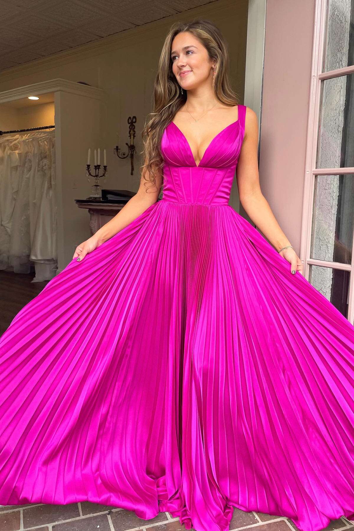 Formal Women's Dresses Sleeveless V Neck Fuchsia Pleated A-line Long Formal Dress Prom Dress Prom Dress In Store