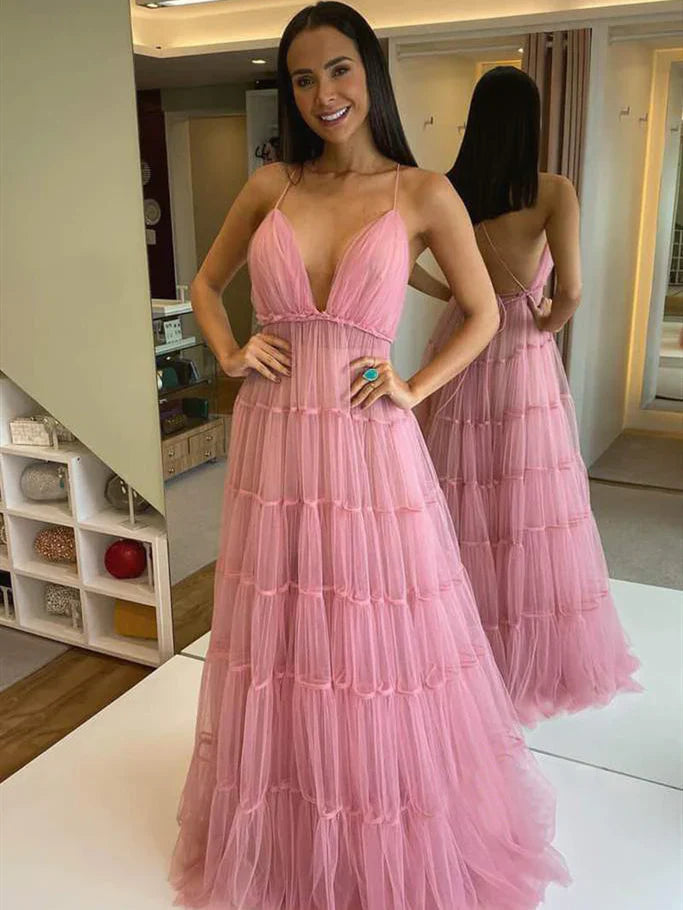 Formal Women's Dresses Spaghetti Pinl Tulle Prom Dresses Lovely Prom Dresses Formal Dresses / Prom Dress Shop