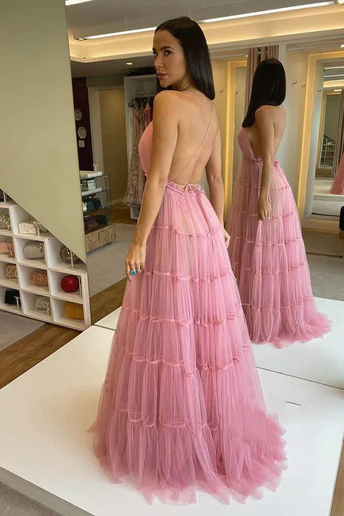Formal Women's Dresses Spaghetti Pinl Tulle Prom Dresses Lovely Prom Dresses Formal Dresses / Prom Dress Shop