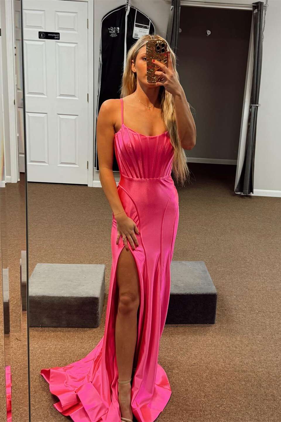 Formal Women's Dresses Spaghetti Straps Backless Hot Pink Fitted Long Formal Dress With Slit Prom Dress In Store