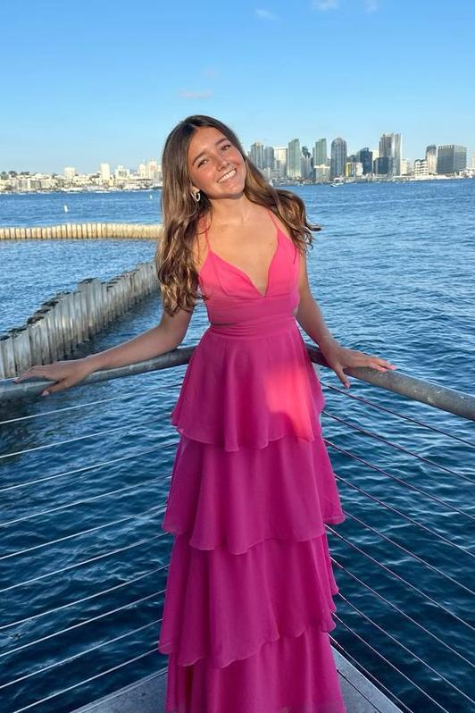 Formal Women's Dresses Spaghetti Straps V Neck Blue Chiffon Cutouts Tiered Party Dress Prom Dress Prom Dress In Store