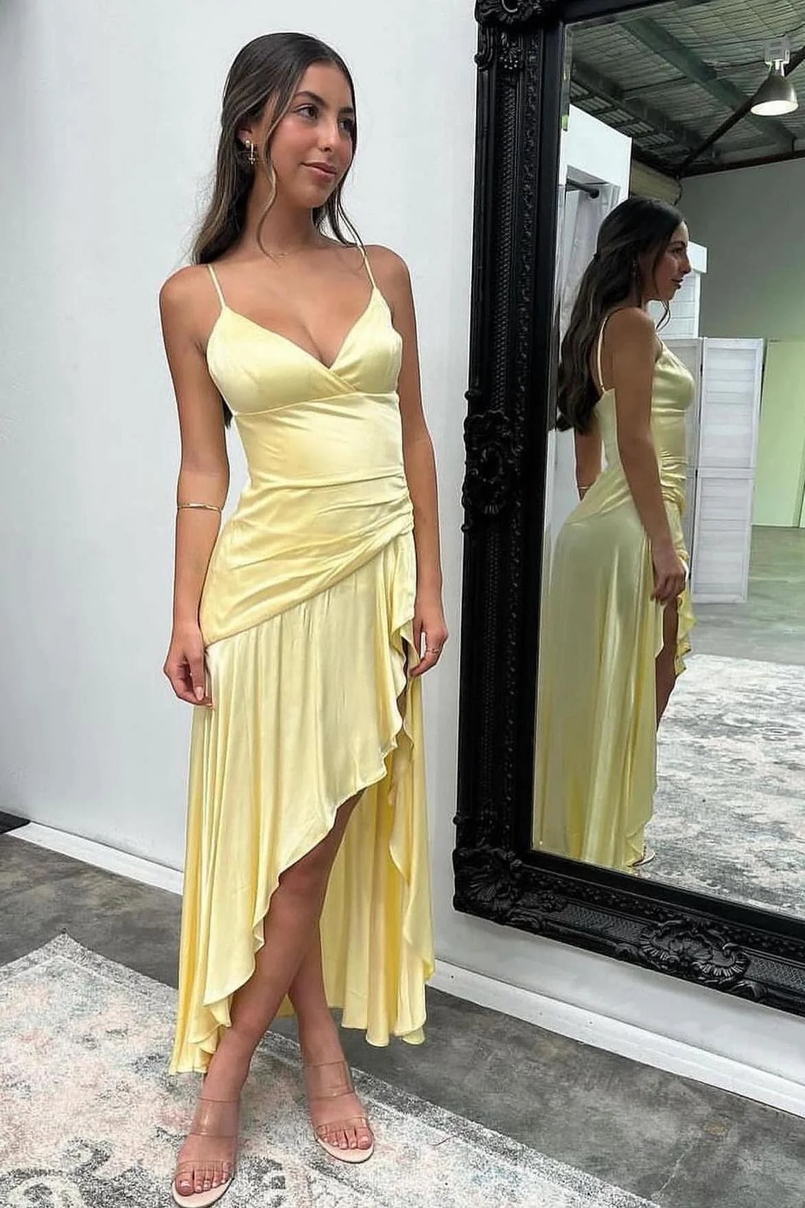 Formal Women's Dresses Spaghetti Straps Yellow Ruffle Asymmetrical Hem Party Dress Prom Dress Prom Dress In Store