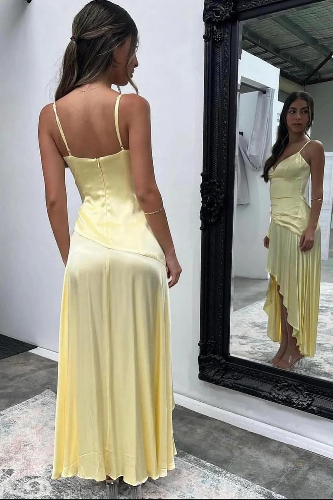 Formal Women's Dresses Spaghetti Straps Yellow Ruffle Asymmetrical Hem Party Dress Prom Dress Prom Dress In Store