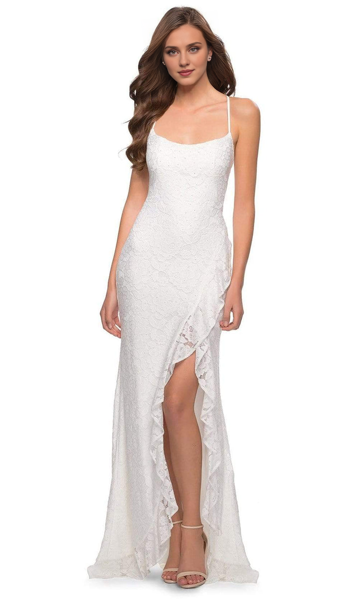 Formal Women's Dresses/ Spaghetti straps Crisscross Strapped Open Back Ruffle Slit Lace Sheath Prom Dress/ Prom Dress In Store