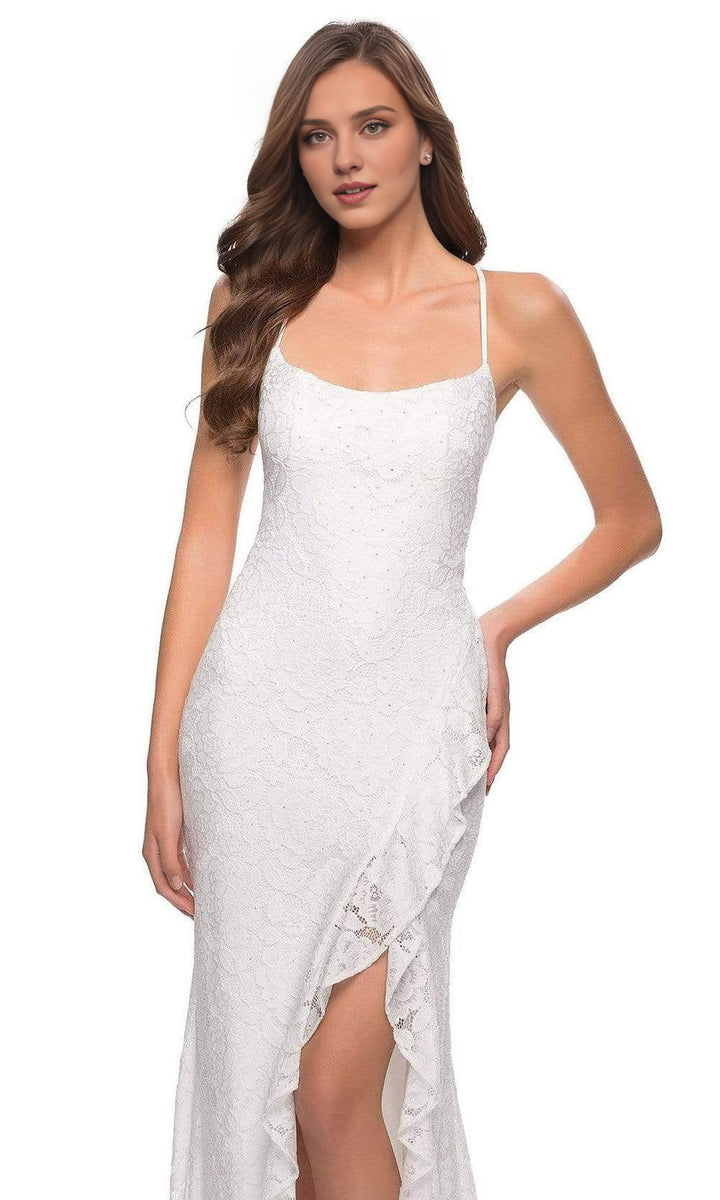 Formal Women's Dresses/ Spaghetti straps Crisscross Strapped Open Back Ruffle Slit Lace Sheath Prom Dress/ Prom Dress In Store